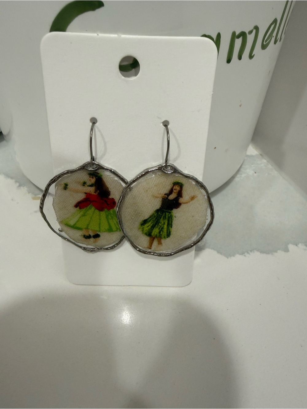 Handcrafted Green Hula Girl Drop Earrings - Silver Frame